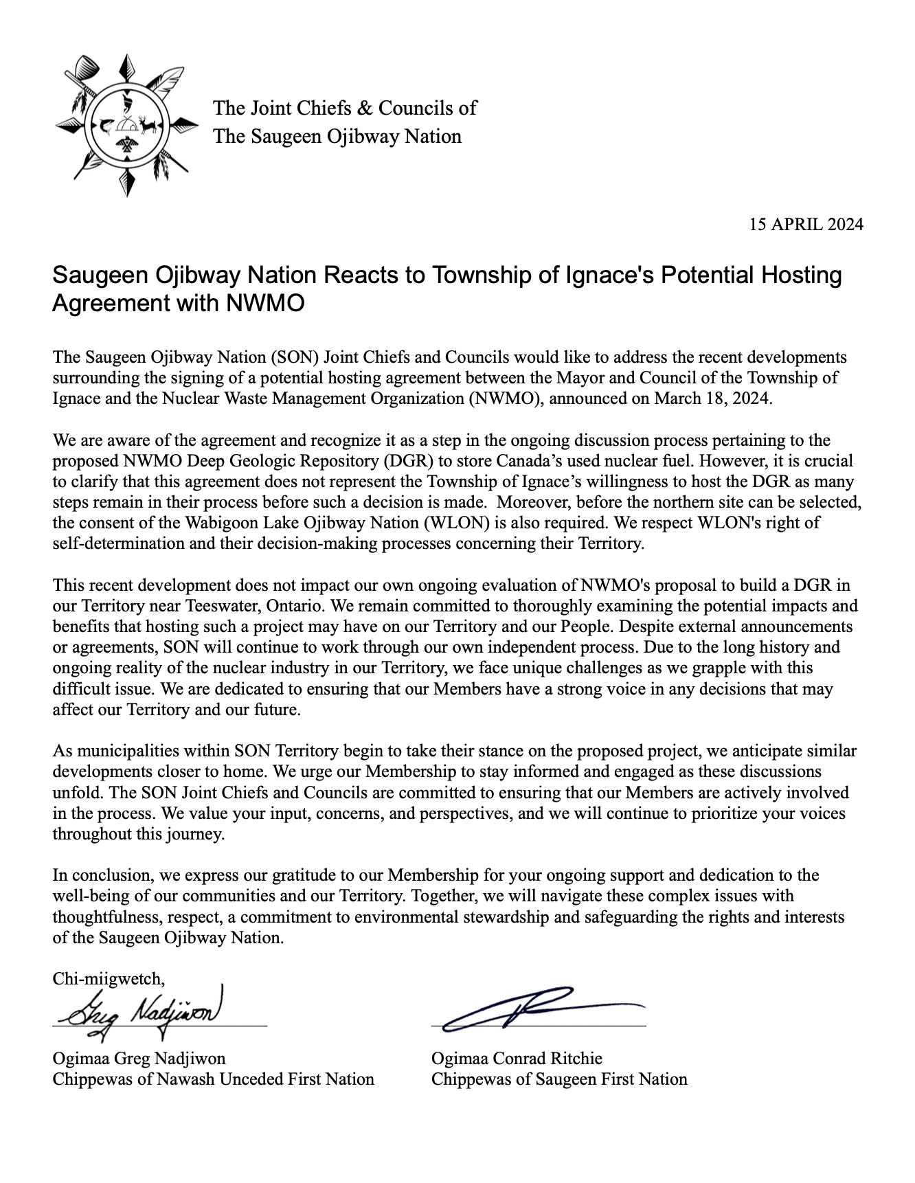 The Joint Chiefs and Councils of The Saugeen Ojibway Nation addressing the Township of Ignace Potential Hosting Agreement with NWMO