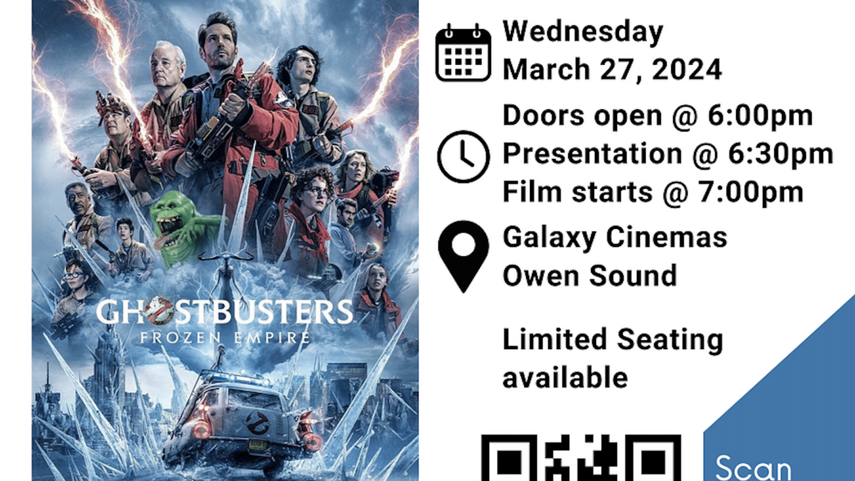 NWMO Ghostbusters: Frozen Empire Screening - Wednesday, March 27, 2024 @ 6:00PM, location: Owen Sound Galaxy
