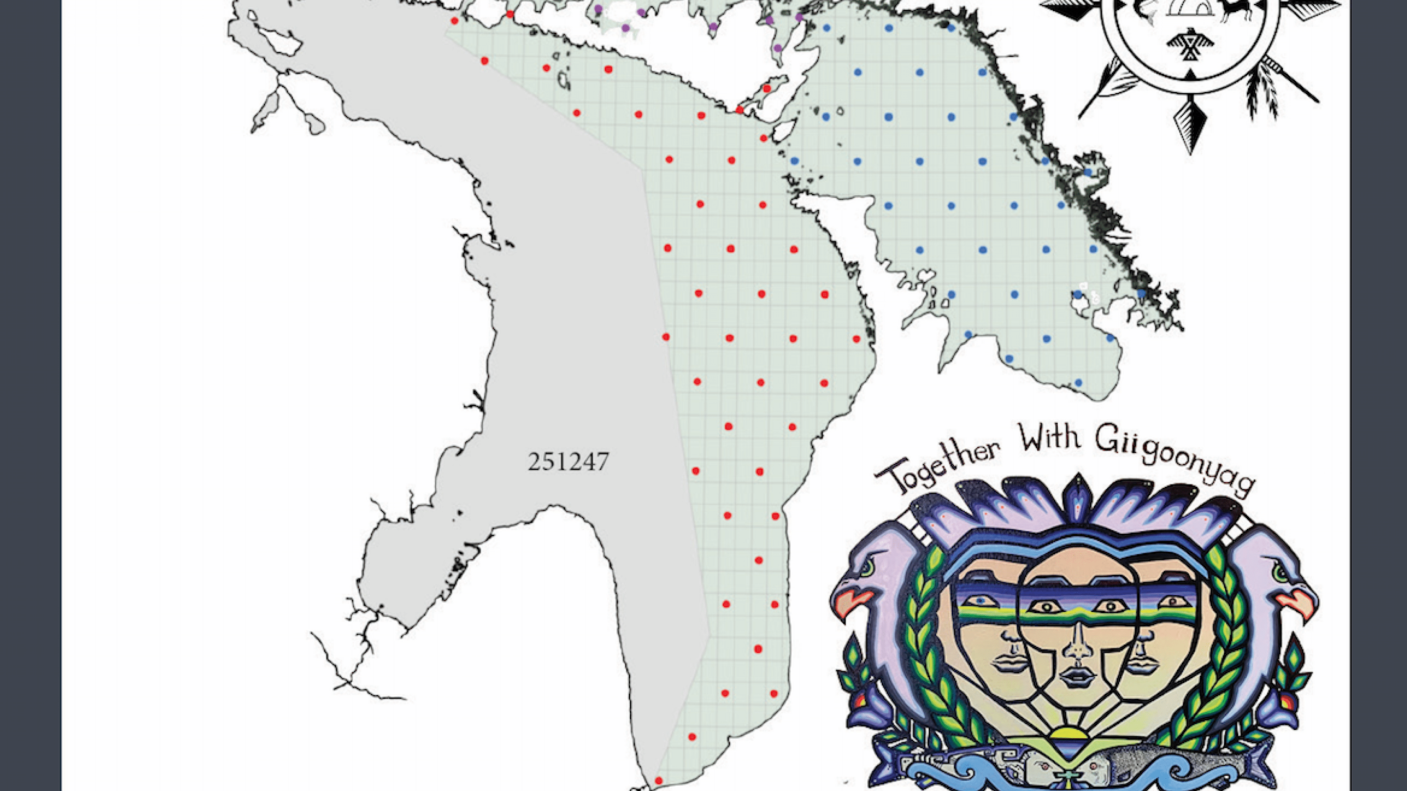 Map of Lake Huron and Georgian Bay with telemetry points. Together with Giigoonyag logo and SON Joint Council Logo. "Lake Huron and Georgian Bay Fish Telemetry Workshop."